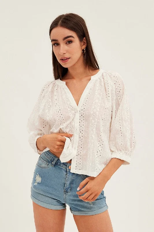 Midnight Sale White Shirt 3/4 Sleeve Banded Collar Longline Broidery