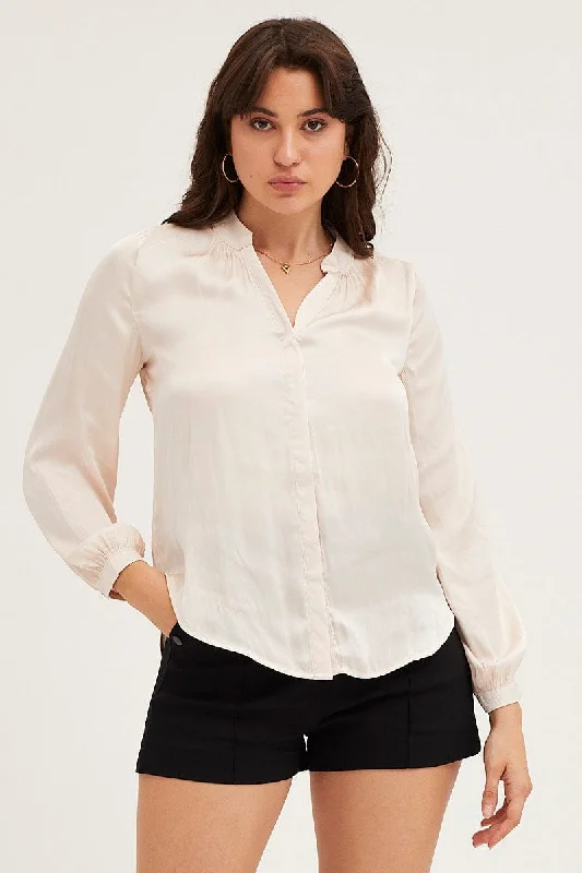 New Markdowns White Shirt Long Sleeve Gathered Satin