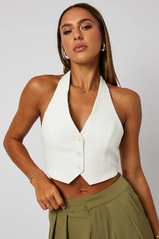 Savings Event White Vest Top Halter Neck Button Top