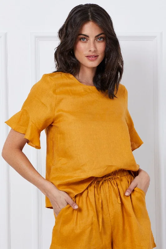 Price Reduction Yellow Crop Top Short Sleeve Relaxed Linen