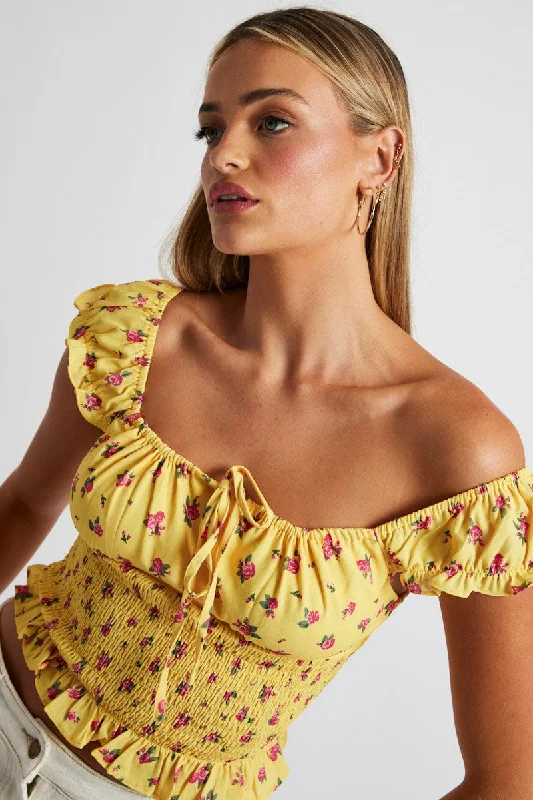Exclusive Savings Yellow Floral Puff Sleeve Top Short Sleeve