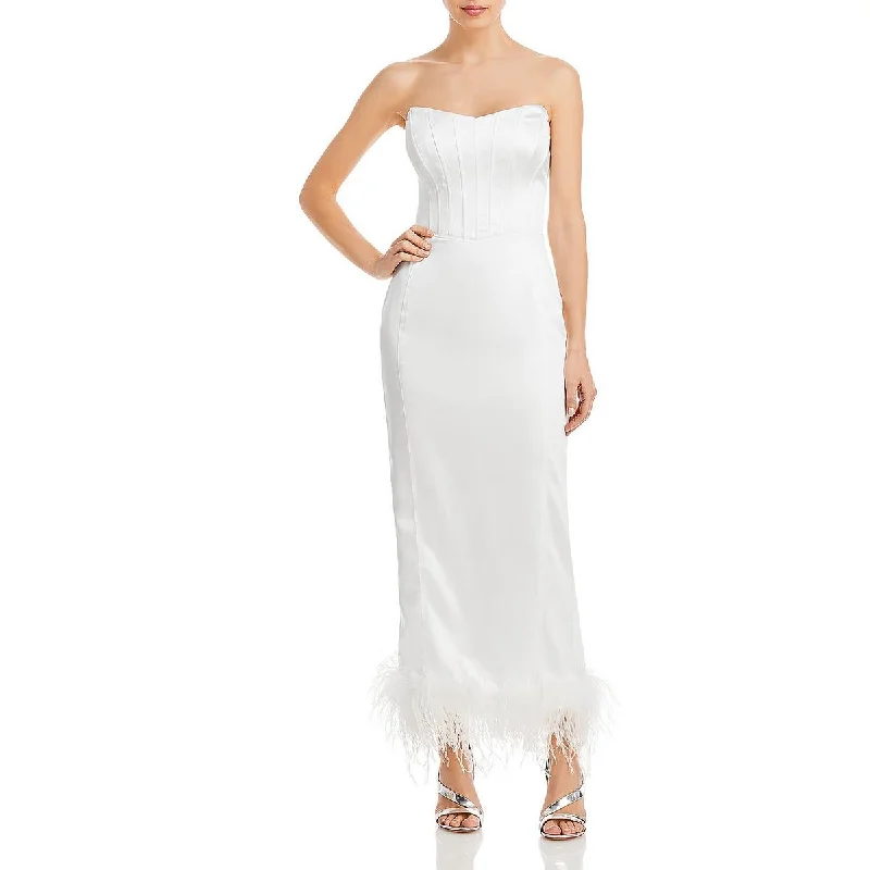 Blowout Sale Aqua Womens Feather Trim Midi Cocktail and Party Dress