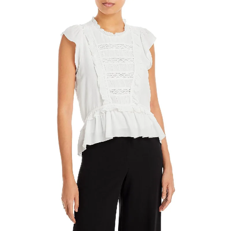 Final Clearance Aqua Womens Lace Inset Ruffled Pullover Top