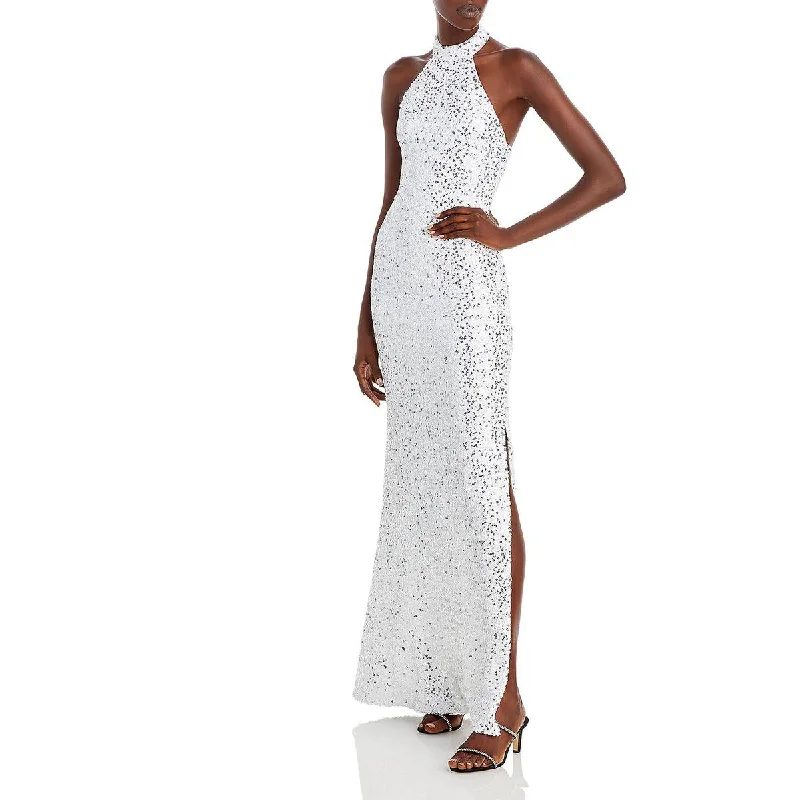 Get It Before It’s Gone Aqua Womens Sequined Halter Evening Dress