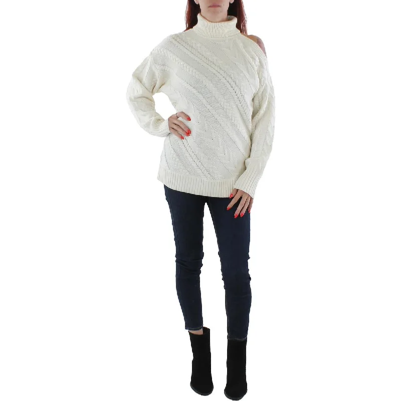 Special Discount BCBGMAXAZRIA Women's Cable Knit Cold Shoulder Wool Blend Turtleneck Sweater