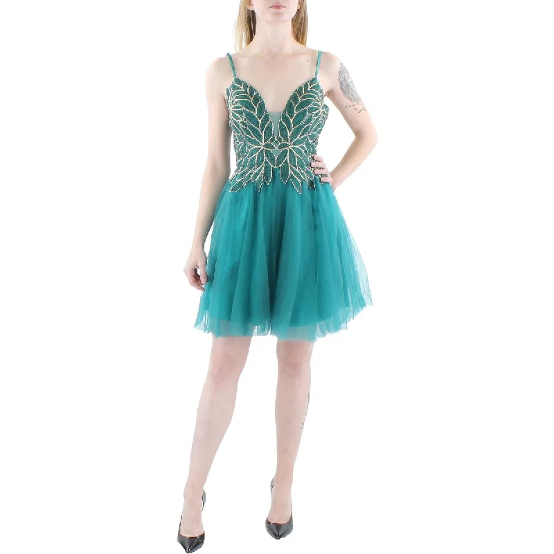 Closeout Sale Blondie Nites Womens Juniors Mesh Beaded Fit & Flare Dress
