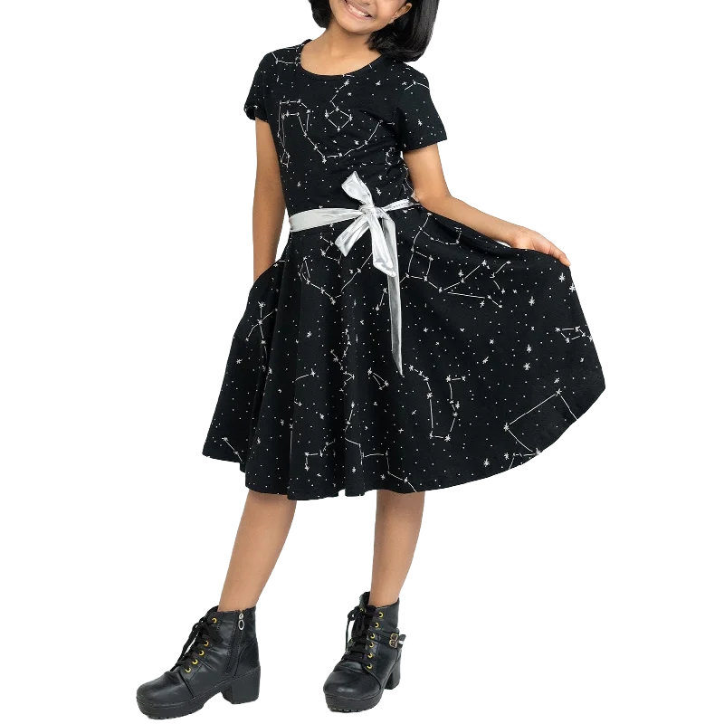 Flash Deals Constellations Glow-in-the-Dark Short Sleeve Kids Twirl Dress