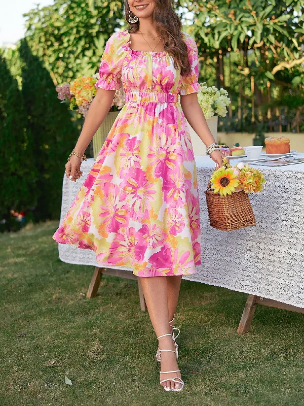 Limited Availability Floral Frill Trim Square Neck Dress