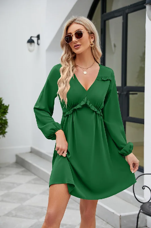 Price Drop Frill Trim V-Neck Long Sleeve Dress