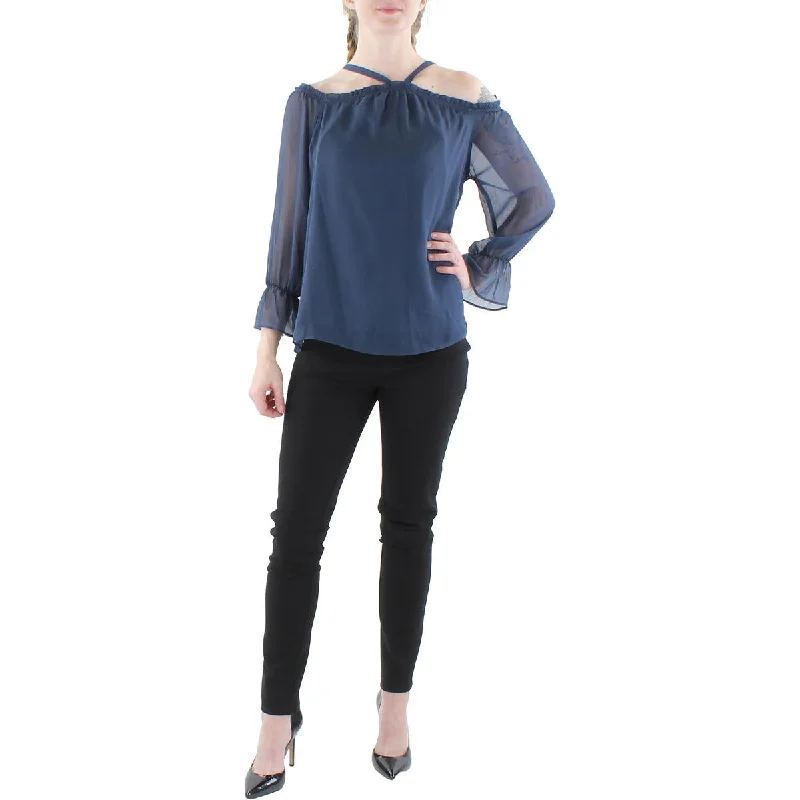 Hurry In INC Womens Petites Chiffon Ruffled Trim Blouse