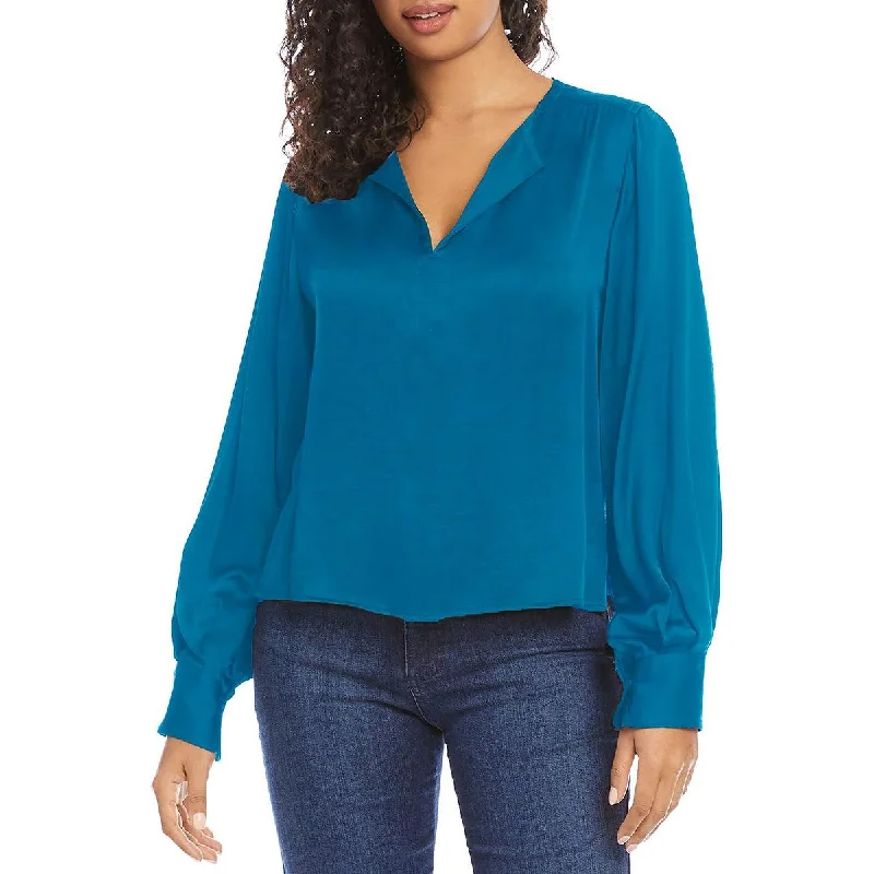 Midnight Madness Karen Kane Womens Satin Split Neck Blouse