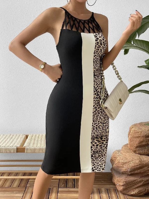 Now or Never Leopard Color Block Cutout Sleeveless Knee-Length Dress