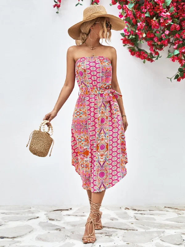 Must-Have Deals Printed Strapless Tie Belt Dress