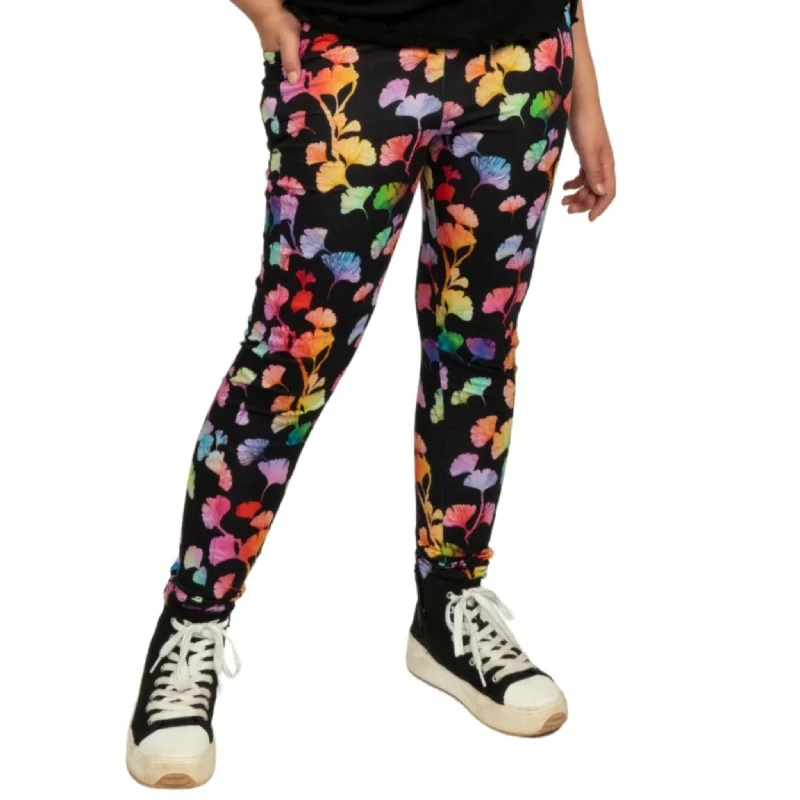 Stock Clearance Rainbow Ginkgo Leaves Kids Leggings with Pockets