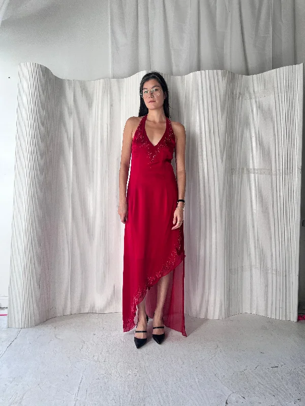 Exclusive Access Silk Garnet Halter Gown