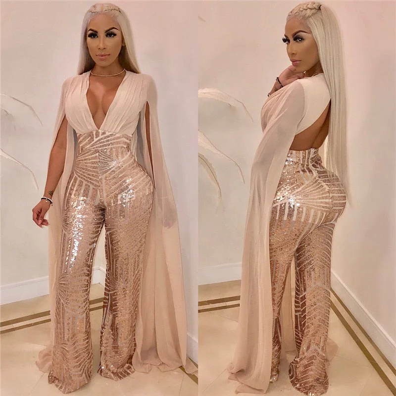 Special Price Extended Sleeve Sequin Deep V Wide Leg Sparkly Jumpsuits