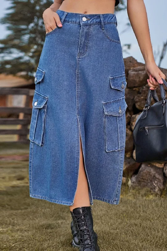 Super Sale Slit Front Midi Denim Skirt with Pockets