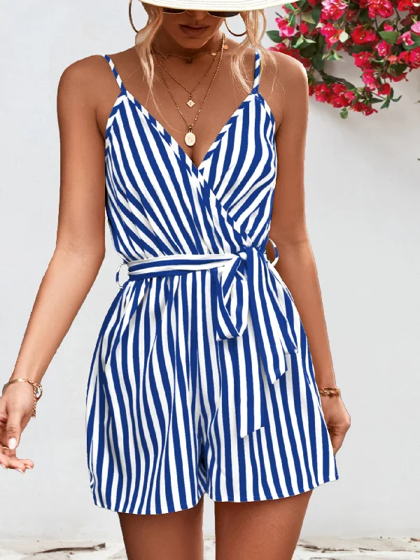 Markdown Madness Striped Tie Waist Spaghetti Strap Romper