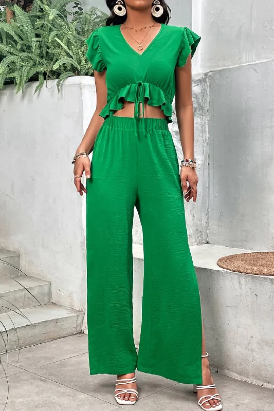 YEAR-End Clearance V-Neck Ruffle Hem Top and Slit Pants Set