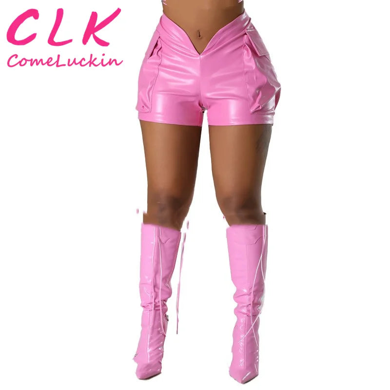 Buy Now PU Leather Super Cargo Shorts Y2k Women Skinny Sexy V Cut Elastic Low Waist Leather Pants with Patch Pockets